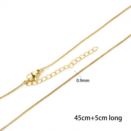 Picture of 2 PCs Eco-friendly Brass Box Chain Necklace 18K Real Gold Plated With Lobster Claw Clasp And Extender Chain 45cm(17.7") long, Chain Size: 0.9mm