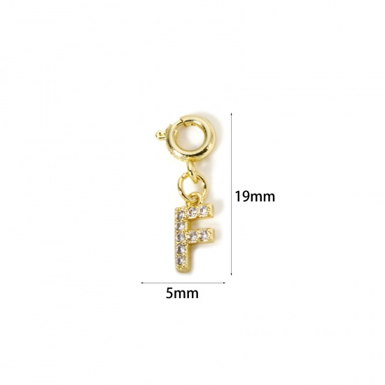 Image de 1 Pièce Breloque avec Fermoir Mousqueton Respectueux de la Nature en Laiton Plaqué Or Véritable 18K Alphabet Majuscule Lettre Initiale Message " F " Avec Fermoir à Ressort à Zircone Cubique Clair 19mm x 5mm