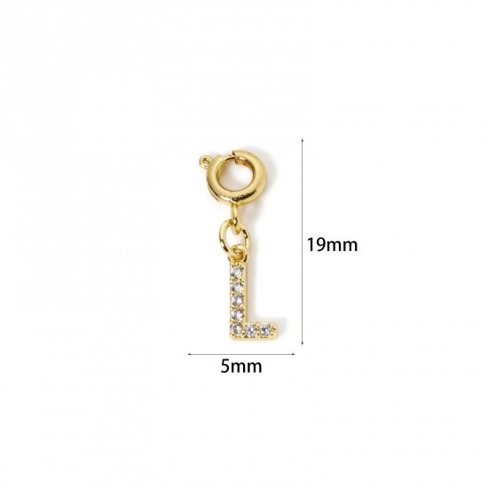 Image de 1 Pièce Breloque avec Fermoir Mousqueton Respectueux de la Nature en Laiton Plaqué Or Véritable 18K Alphabet Majuscule Lettre Initiale Message " L " Avec Fermoir à Ressort à Zircone Cubique Clair 19mm x 5mm