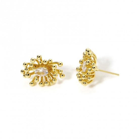 Picture of 1 Pair Eco-friendly Stylish Exquisite 18K Real Gold Plated Brass & Cubic Zirconia Flower Ear Post Stud Earrings For Women 19mm x 14mm, Post/ Wire Size: (21 gauge)