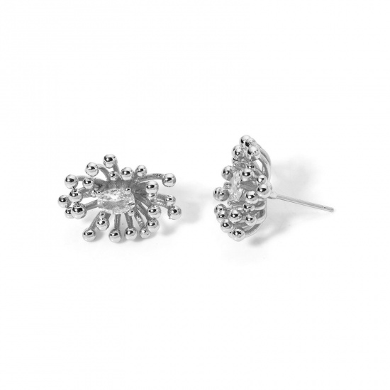 Picture of 1 Pair Eco-friendly Stylish Exquisite Real Platinum Plated Brass & Cubic Zirconia Flower Ear Post Stud Earrings For Women 19mm x 14mm, Post/ Wire Size: (21 gauge)