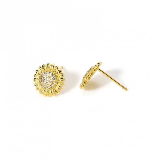 Immagine di 1 Paio Ecologico Elegante Squisito 18K Vero Oro Placcato Ottone + Zircone Cubico Girasole Orecchini a Perno Per Donne 10mm x 10mm, Posta / Filo Dimensione: (20 misura)
