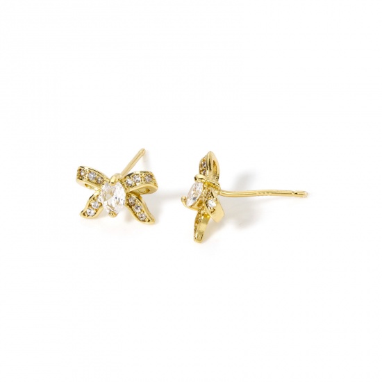 Immagine di 1 Paio Ecologico Elegante Abiti 18K Vero Oro Placcato Ottone + Zircone Cubico Farfalla Orecchini a Perno Per Donne 10mm x 7mm, Posta / Filo Dimensione: (21 misura)