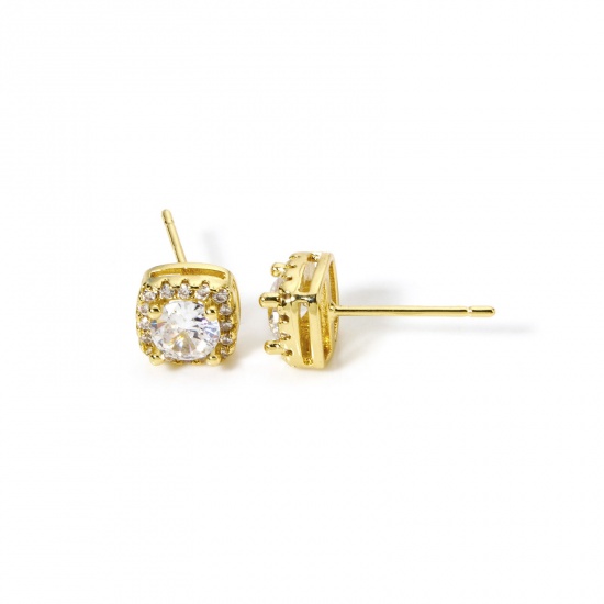 Immagine di 1 Paio Ecologico Elegante Squisito 18K Vero Oro Placcato Ottone + Zircone Cubico Quadrato Orecchini a Perno Per Donne 7mm x 7mm, Posta / Filo Dimensione: (20 misura)