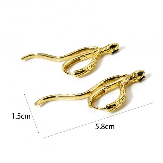 Picture of 1 Pair Eco-friendly Stylish 18K Real Gold Plated Brass & Cubic Zirconia Snake Animal Hoop Earrings For Women Party 5.8cm x 1.5cm, Post/ Wire Size: (19 gauge)