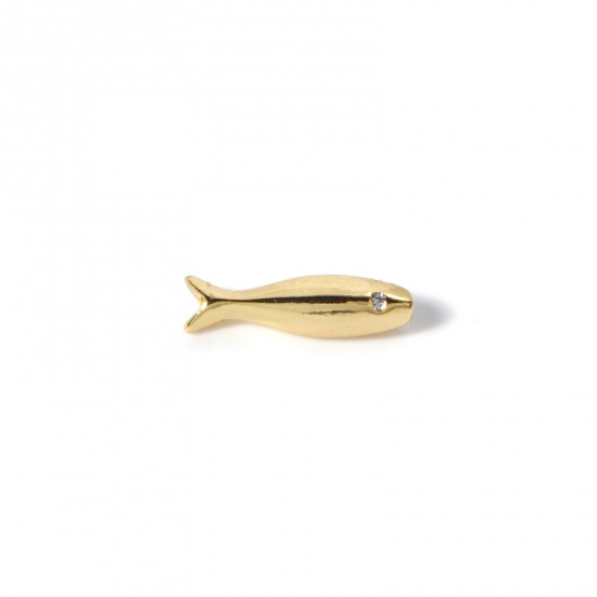 Picture of 2 PCs Brass Ocean Jewelry Beads For DIY Jewelry Making 18K Gold Plated Fish Animal Clear Cubic Zirconia 15.5mm x 4.5mm, Hole: Approx 0.5mm