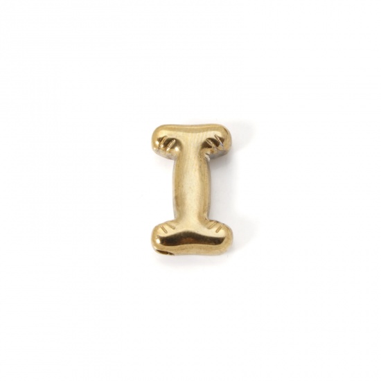 Picture of 2 PCs Eco-friendly Vacuum Plating 304 Stainless Steel Charms 18K Real Gold Plated Capital Alphabet Initial Letter Message " I " 18mm x 11mm