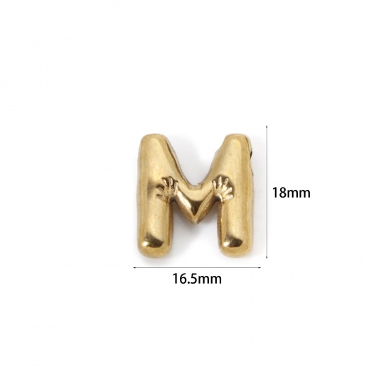 Picture of 2 PCs Eco-friendly Vacuum Plating 304 Stainless Steel Charms 18K Real Gold Plated Capital Alphabet Initial Letter Message " M " 18mm x 16.5mm