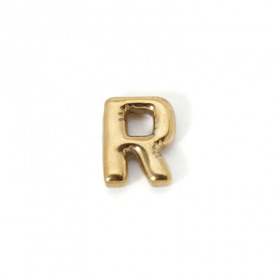 Picture of 2 PCs Eco-friendly Vacuum Plating 304 Stainless Steel Charms 18K Real Gold Plated Capital Alphabet Initial Letter Message " R " 18mm x 14.5mm