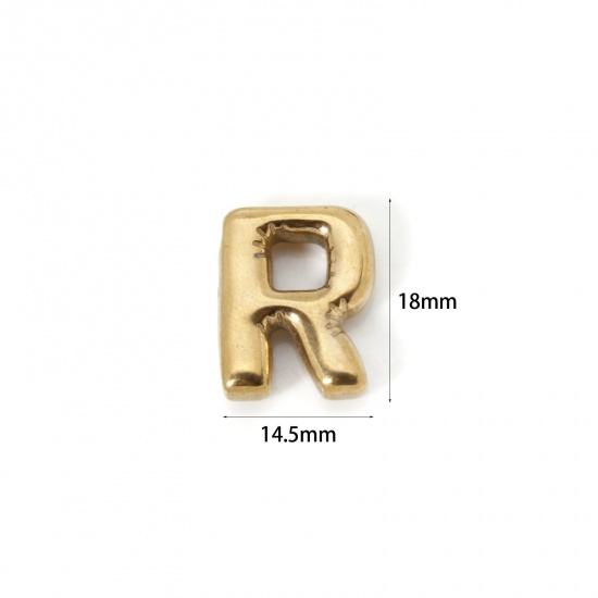 Picture of 2 PCs Eco-friendly Vacuum Plating 304 Stainless Steel Charms 18K Real Gold Plated Capital Alphabet Initial Letter Message " R " 18mm x 14.5mm