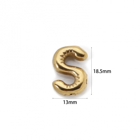 Picture of 2 PCs Eco-friendly Vacuum Plating 304 Stainless Steel Charms 18K Real Gold Plated Capital Alphabet Initial Letter Message " S " 18.5mm x 13mm