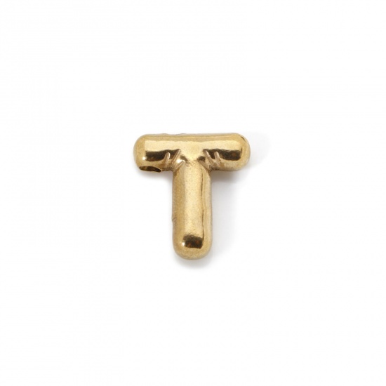 Picture of 2 PCs Eco-friendly Vacuum Plating 304 Stainless Steel Charms 18K Real Gold Plated Capital Alphabet Initial Letter Message " T " 18mm x 16.5mm