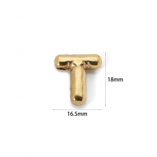 Picture of 2 PCs Eco-friendly Vacuum Plating 304 Stainless Steel Charms 18K Real Gold Plated Capital Alphabet Initial Letter Message " T " 18mm x 16.5mm