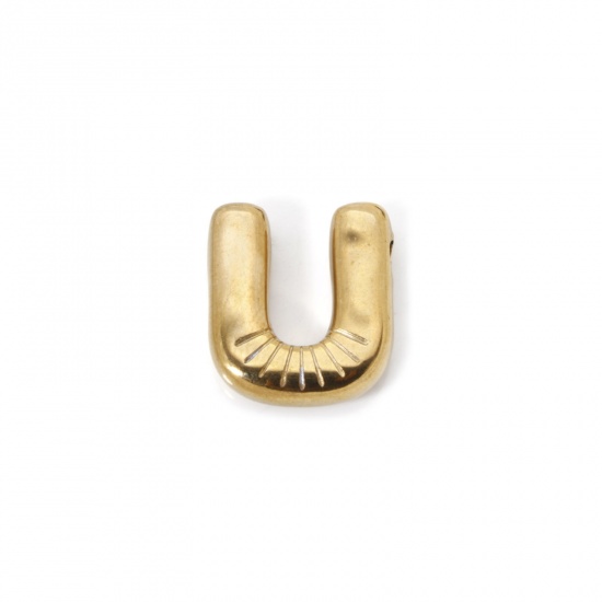 Picture of 2 PCs Eco-friendly Vacuum Plating 304 Stainless Steel Charms 18K Real Gold Plated Capital Alphabet Initial Letter Message " U " 18mm x 16mm