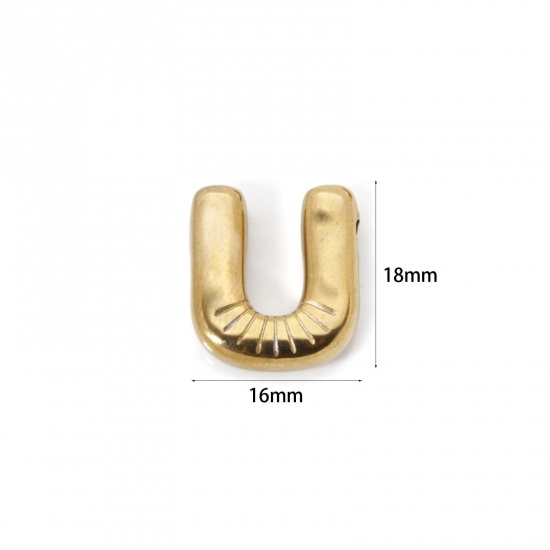 Picture of 2 PCs Eco-friendly Vacuum Plating 304 Stainless Steel Charms 18K Real Gold Plated Capital Alphabet Initial Letter Message " U " 18mm x 16mm