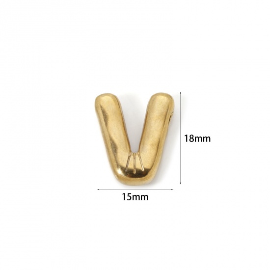 Picture of 2 PCs Eco-friendly Vacuum Plating 304 Stainless Steel Charms 18K Real Gold Plated Capital Alphabet Initial Letter Message " V " 18mm x 15mm