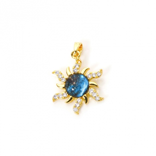 Picture of 2 PCs Brass & Glass Galaxy Charm Pendant 18K Gold Plated Sun Micro Pave Clear Cubic Zirconia 27mm x 17mm