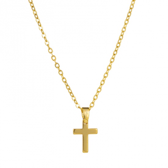 Bild von 1 Strang Umweltfreundlich Minimalistisch Religiös 18K Echtgold plattiert Messing Kreuz Gliederketten Kreuz Anhänger Halskette Unisex Geschenk 46cm + 6cm lang