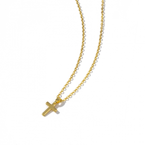 Bild von 1 Strang Umweltfreundlich Minimalistisch Religiös 18K Echtgold plattiert Messing Kreuz Gliederketten Kreuz Anhänger Halskette Unisex Geschenk 46cm + 6cm lang