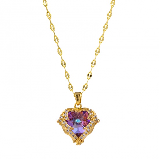 Bild von 1 Strang Umweltfreundlich Valentinstag 18K Echtgold plattiert Messing und Glas Lippen geformte Kette Herz Flügel Anhänger Halskette Für Frauen 45cm + 5cm lang