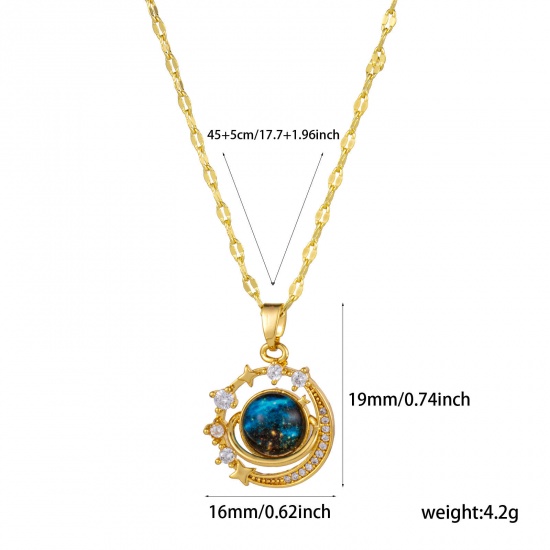 Изображение 1 ШТ Экологичный галактика 18K настоящее золото с покрытием латунь & Стекло Цепочка губ Луна половина Ппланета Ожерелье с подвеской Для женщин 45см + 5см длина