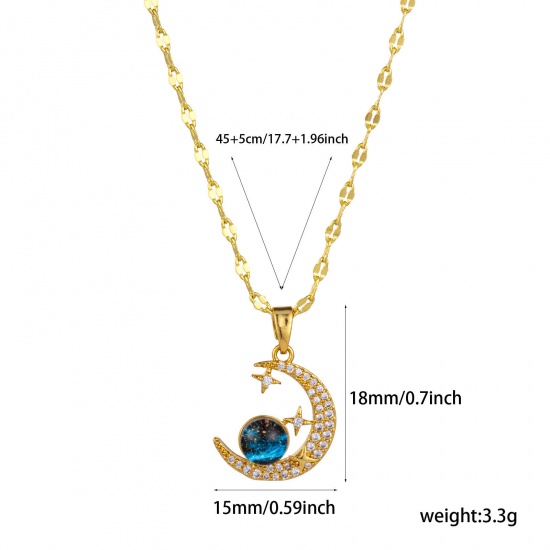 Изображение 1 ШТ Экологичный галактика 18K настоящее золото с покрытием латунь & Стекло Цепочка губ Луна половина Звезда Ожерелье с подвеской Для женщин 45см + 5см длина