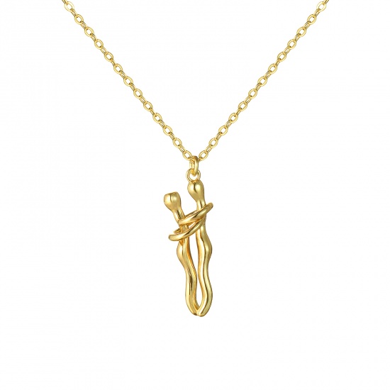 Image de 1 Piece Hip Hop Valentine's Day 18K Real Gold Plated Brass Link Cable Chain Lovers 3D Hug Pendant Charm Necklace for Couples Elegant Love Symbol Unisex Perfect for Party & Daily Wear New Fashion 46cm(18.1") + 6cm(2.4") long