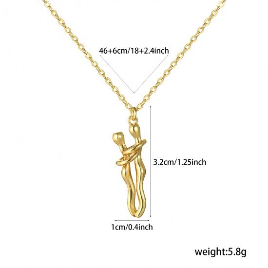 Image de 1 Piece Hip Hop Valentine's Day 18K Real Gold Plated Brass Link Cable Chain Lovers 3D Hug Pendant Charm Necklace for Couples Elegant Love Symbol Unisex Perfect for Party & Daily Wear New Fashion 46cm(18.1") + 6cm(2.4") long