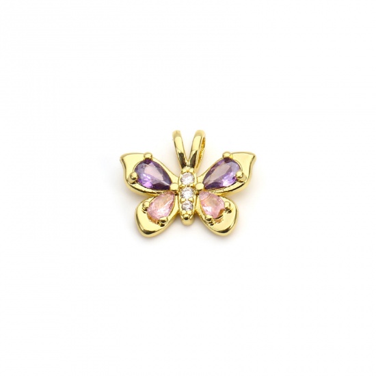 Immagine di 1 Pz Ecologico Ottone Insetto Ciondoli 18K Vero Oro Placcato Farfalla Rosa & Viola Cubic Zirconiae 19mm x 16mm