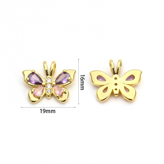Immagine di 1 Pz Ecologico Ottone Insetto Ciondoli 18K Vero Oro Placcato Farfalla Rosa & Viola Cubic Zirconiae 19mm x 16mm