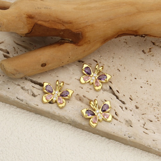 Immagine di 1 Pz Ecologico Ottone Insetto Ciondoli 18K Vero Oro Placcato Farfalla Rosa & Viola Cubic Zirconiae 19mm x 16mm