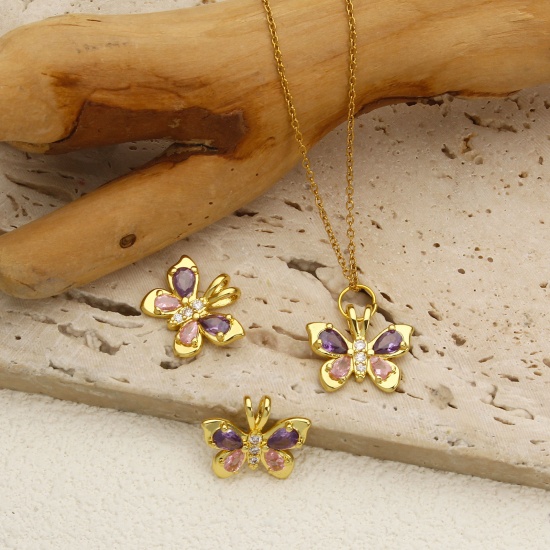 Immagine di 1 Pz Ecologico Ottone Insetto Ciondoli 18K Vero Oro Placcato Farfalla Rosa & Viola Cubic Zirconiae 19mm x 16mm