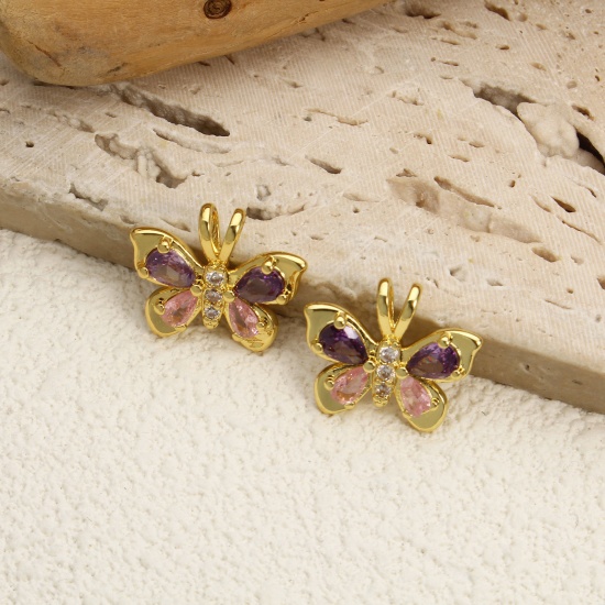 Immagine di 1 Pz Ecologico Ottone Insetto Ciondoli 18K Vero Oro Placcato Farfalla Rosa & Viola Cubic Zirconiae 19mm x 16mm
