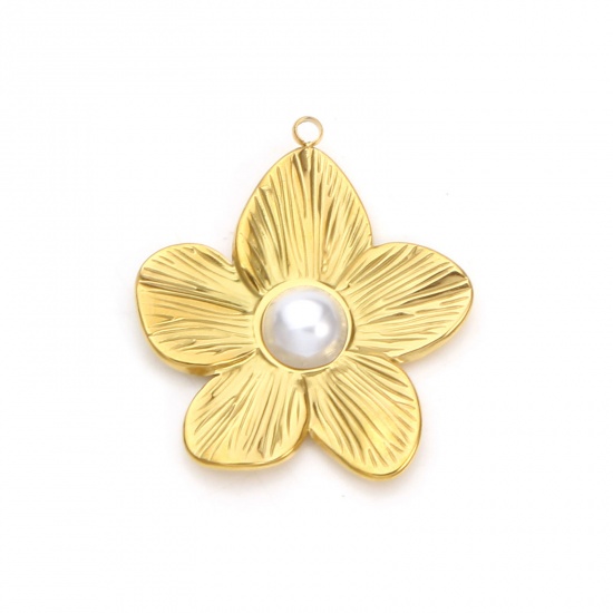 Imagen de 2 Unidades Recubrimiento al Vacío PVD Ecológico 304 Acero Inoxidable Colección Flora Colgantes 18K Oro Real Chapado Flor Acrílico Imitación de Perla 3.5cm x 3.1cm