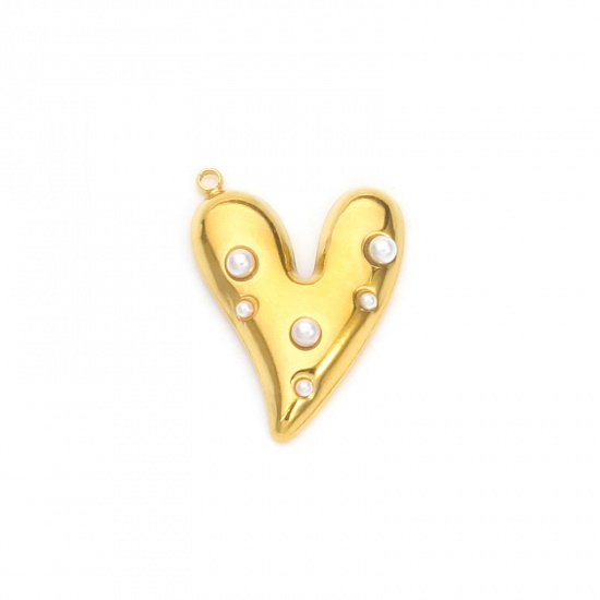 Imagen de 2 Unidades Recubrimiento al Vacío PVD Ecológico 304 Acero Inoxidable día de San Valentín Colgantes 18K Oro Real Chapado Corazón Acrílico Imitación de Perla 25mm x 18.5mm