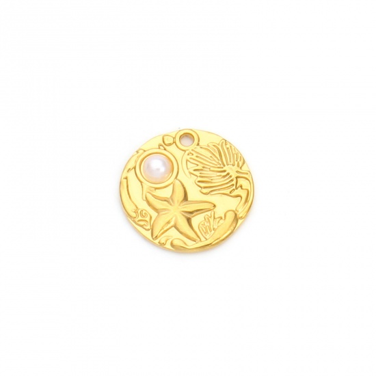 Imagen de 2 Unidades Recubrimiento al Vacío PVD Ecológico 304 Acero Inoxidable Joyería del océano Colgantes 18K Oro Real Chapado Ronda Disco Estrella de Mar Acrílico Imitación de Perla 18mm x 18mm