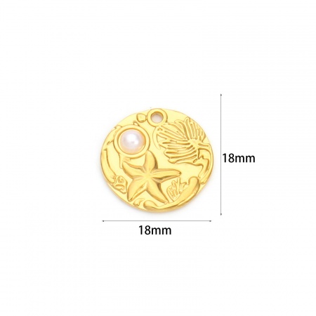 Picture of 2 PCs Eco-friendly PVD Vacuum Plating Waterproof Anti-Tarnish Hypoallergenic 304 Stainless Steel Ocean Jewelry Charms 18K Real Gold Plated Round Disc Starfish Acrylic Imitation Pearl 18mm x 18mm