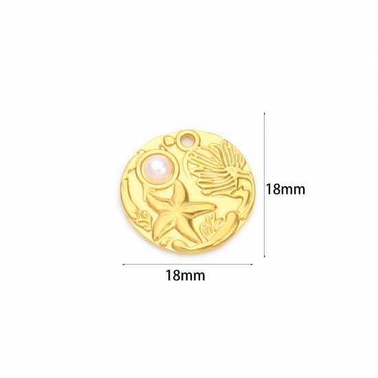 Imagen de 2 Unidades Recubrimiento al Vacío PVD Ecológico 304 Acero Inoxidable Joyería del océano Colgantes 18K Oro Real Chapado Ronda Disco Estrella de Mar Acrílico Imitación de Perla 18mm x 18mm