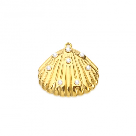 Imagen de 2 Unidades Recubrimiento al Vacío PVD Ecológico 304 Acero Inoxidable Colgantes 18K Oro Real Chapado Concha Acrílico Imitación de Perla 29mm x 28mm