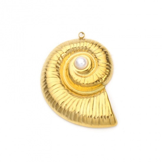 Imagen de 2 Unidades Recubrimiento al Vacío PVD Ecológico 304 Acero Inoxidable Colgantes 18K Oro Real Chapado Caracola Acrílico Imitación de Perla 4.4cm x 3.4cm