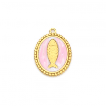 Picture of 2 PCs Eco-friendly PVD Vacuum Plating Waterproof Anti-Tarnish Hypoallergenic 304 Stainless Steel Ocean Jewelry Charms 18K Real Gold Plated Pink Oval Fish Enamel 23.5mm x 17mm