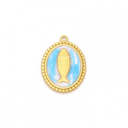 Picture of 2 PCs Eco-friendly PVD Vacuum Plating Waterproof Anti-Tarnish Hypoallergenic 304 Stainless Steel Ocean Jewelry Charms 18K Real Gold Plated Blue Oval Fish Enamel 23.5mm x 17mm