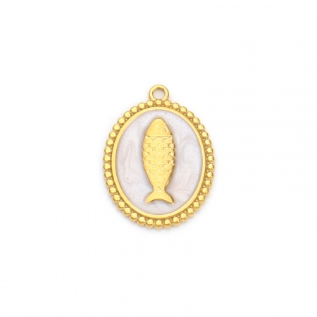 Picture of 2 PCs Eco-friendly PVD Vacuum Plating Waterproof Anti-Tarnish Hypoallergenic 304 Stainless Steel Ocean Jewelry Charms 18K Real Gold Plated White Oval Fish Enamel 23.5mm x 17mm