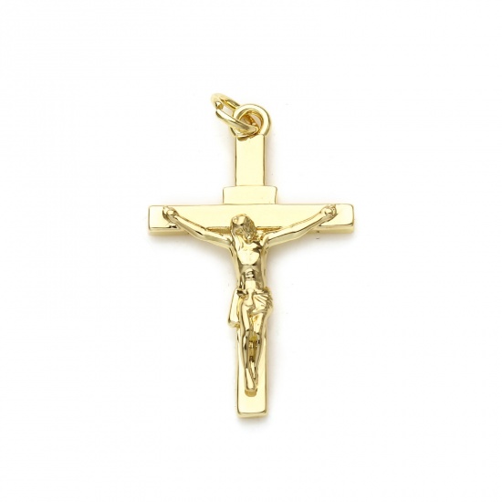 Image de 1 Pièce Pendentifs Religieux Respectueux de la Nature en Laiton Plaqué Or Véritable 18K Croix du Christ Jésus Crucifix Jésus 31mm x 18mm