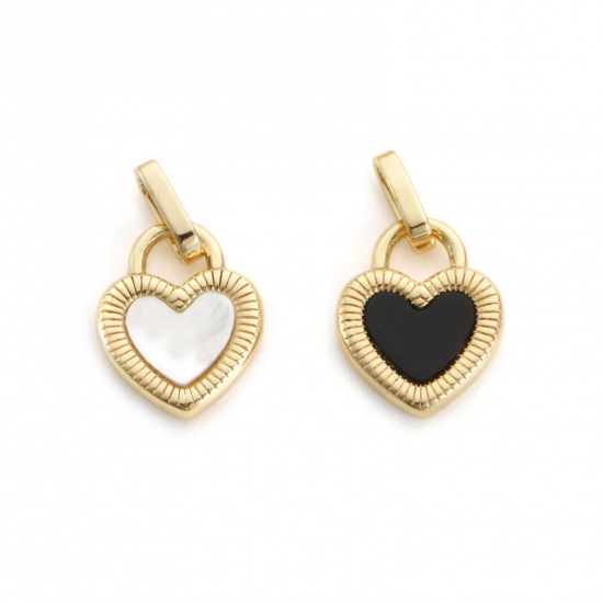 Image de 1 Pièce Pendentif Breloque La Saint Valentin en Coquille Naturelle & Laiton Plaqué Or 18K Noir & Blanc Cœur Double Face 24mm x 14mm