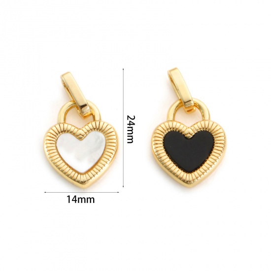 Image de 1 Pièce Pendentif Breloque La Saint Valentin en Coquille Naturelle & Laiton Plaqué Or 18K Noir & Blanc Cœur Double Face 24mm x 14mm