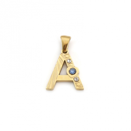 Immagine di 1 Pz Placcatura Sottovuoto PVD Ecologica 304 Acciaio Inossidabile Ciondoli Pendenti Placcato Oro 18K Lettera Maiuscola Messaggio " A " Blu Cubic Zirconiae 23mm x 15mm