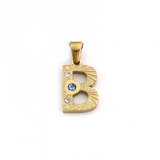 Immagine di 1 Pz Placcatura Sottovuoto PVD Ecologica 304 Acciaio Inossidabile Ciondoli Pendenti Placcato Oro 18K Lettera Maiuscola Messaggio " B " Blu Cubic Zirconiae 23mm x 11mm