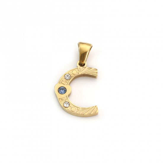 Immagine di 1 Pz Placcatura Sottovuoto PVD Ecologica 304 Acciaio Inossidabile Ciondoli Pendenti Placcato Oro 18K Lettera Maiuscola Messaggio " C " Blu Cubic Zirconiae 23mm x 13mm