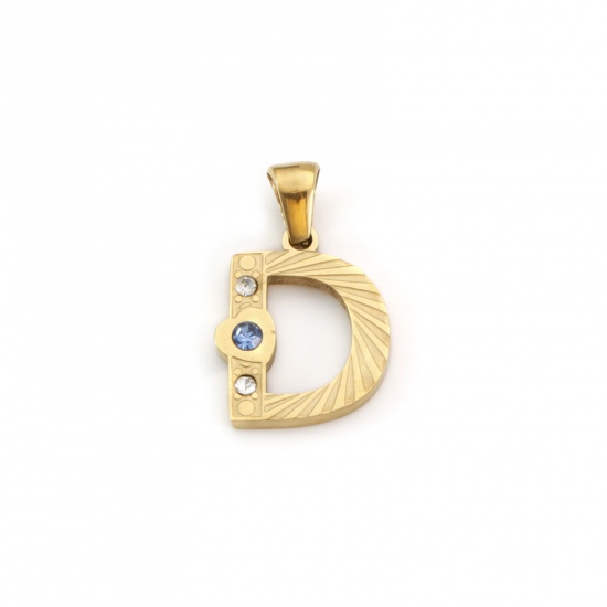 Immagine di 1 Pz Placcatura Sottovuoto PVD Ecologica 304 Acciaio Inossidabile Ciondoli Pendenti Placcato Oro 18K Lettera Maiuscola Messaggio " D " Blu Cubic Zirconiae 23mm x 14mm